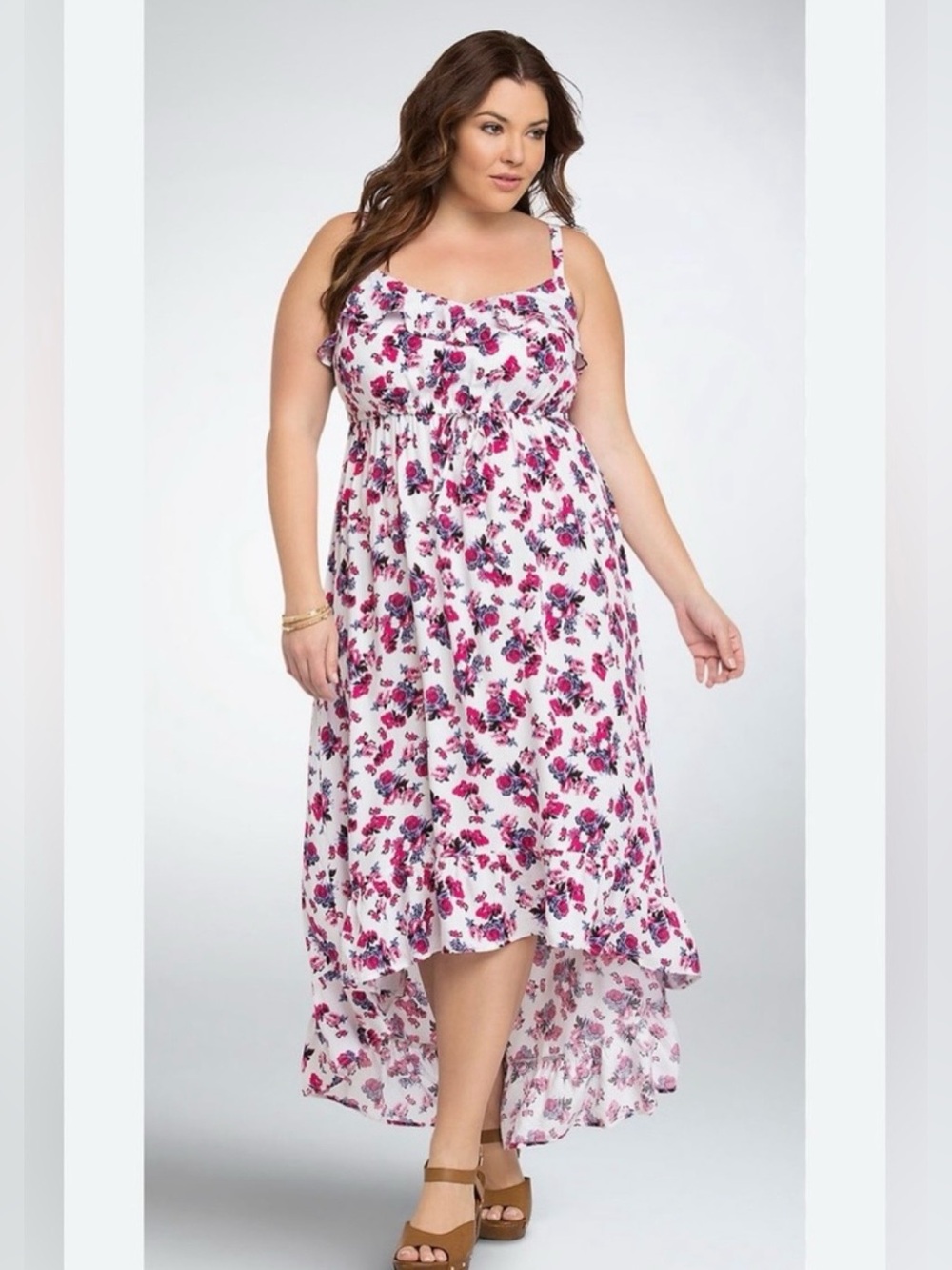 torrid Cream Maxi Dress with Pink & Purple Floral Print